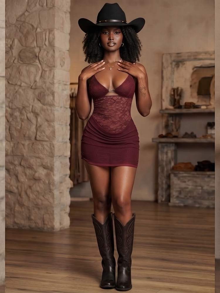 Modelo con vestido corto de encaje vino semitransparente, sombrero negro de ala ancha y botas vaqueras cafés