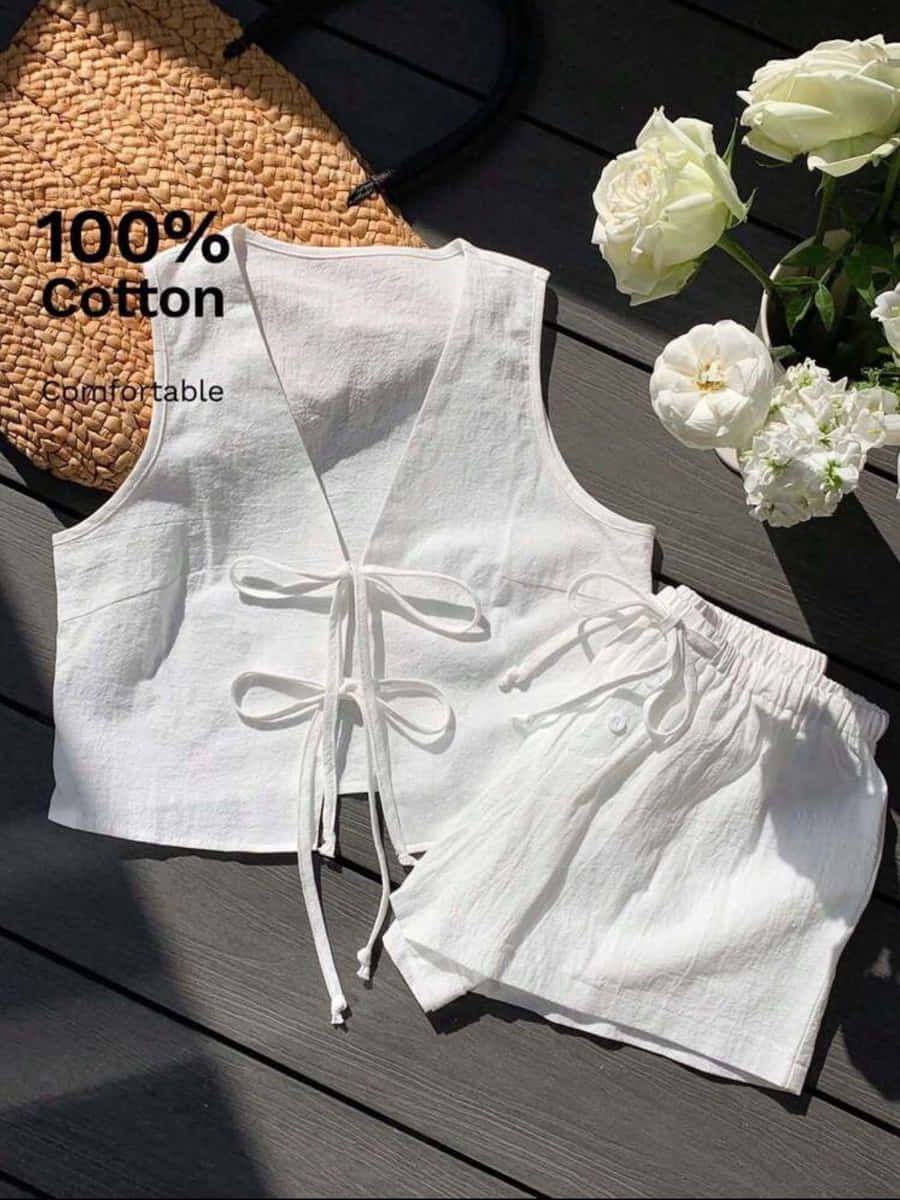 Conjunto blanco de algodón: chaleco con dos lazos al frente y short suelto con resorte