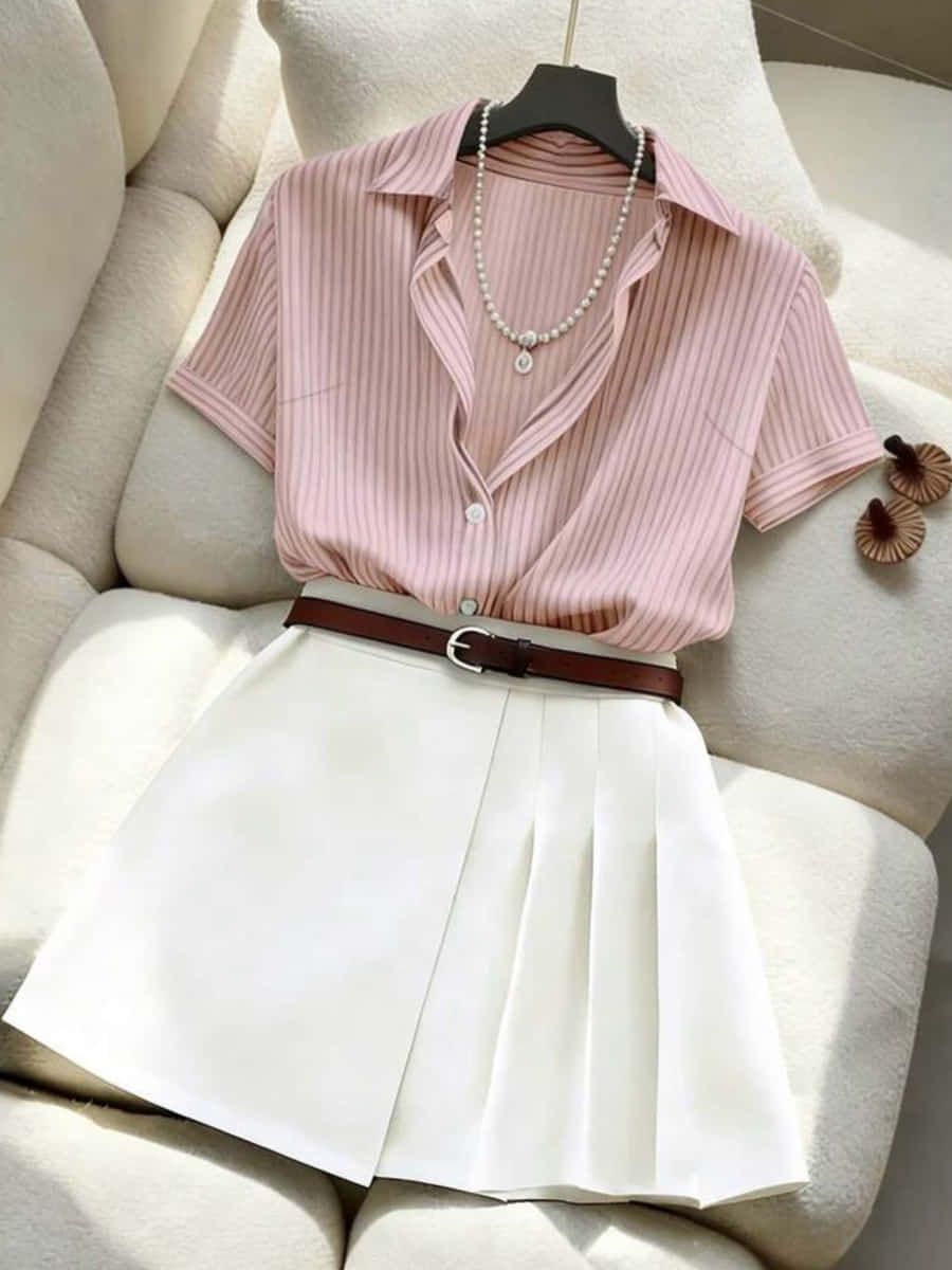 Camisa rosa de canalé con cuello y botones junto a una falda blanca de tablones con cinturón café