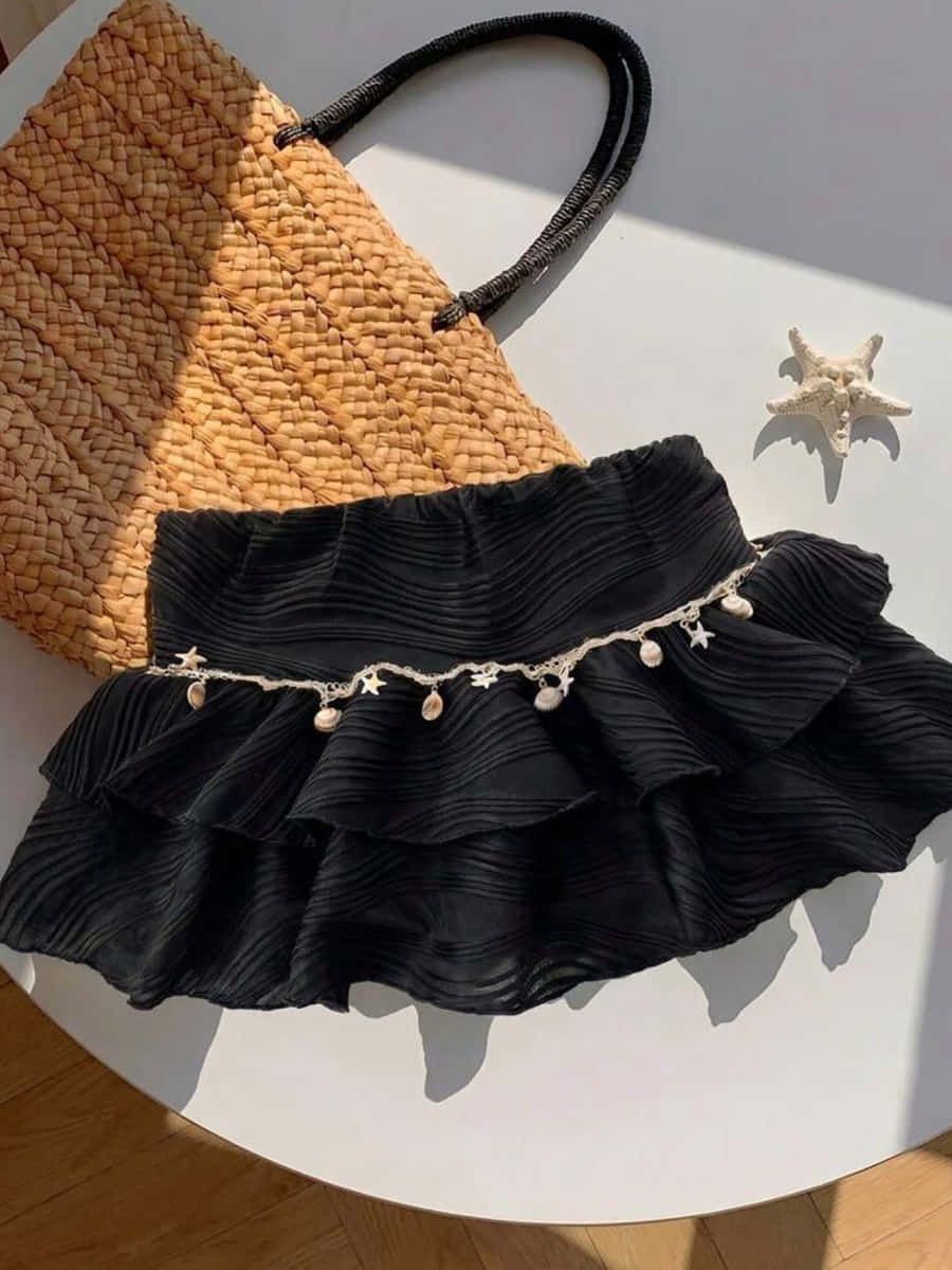 Falda-short negra de dos vuelos plisados con una cadena de conchas y estrellitas en la cintura